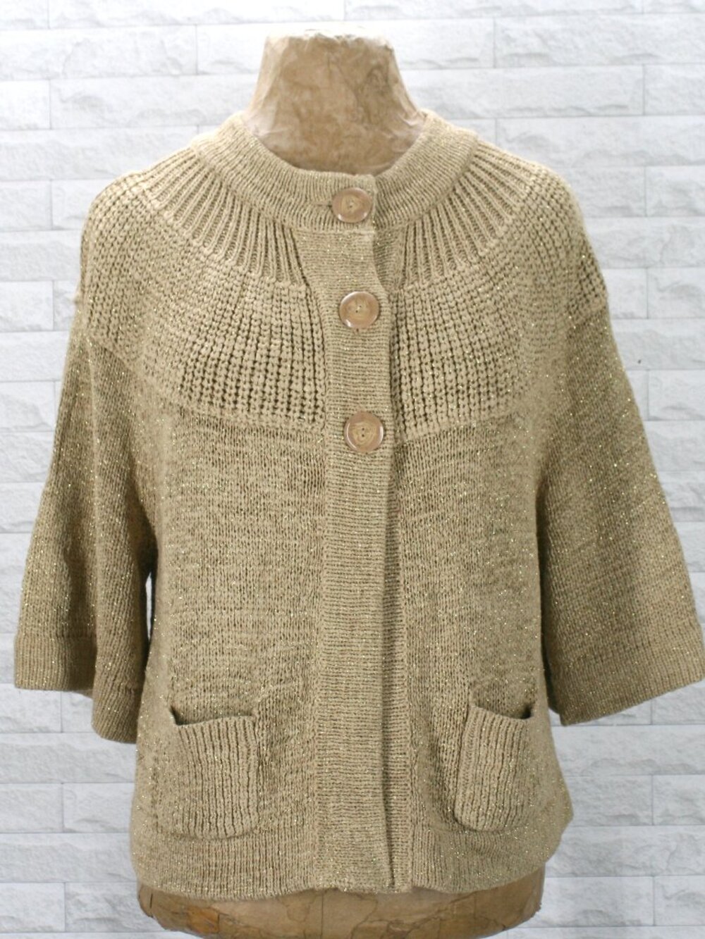 VINTAGE KENAR Cardigan Knit Metallic Shimmer 3 Button Yoke Cropped Sleeve Tan XL